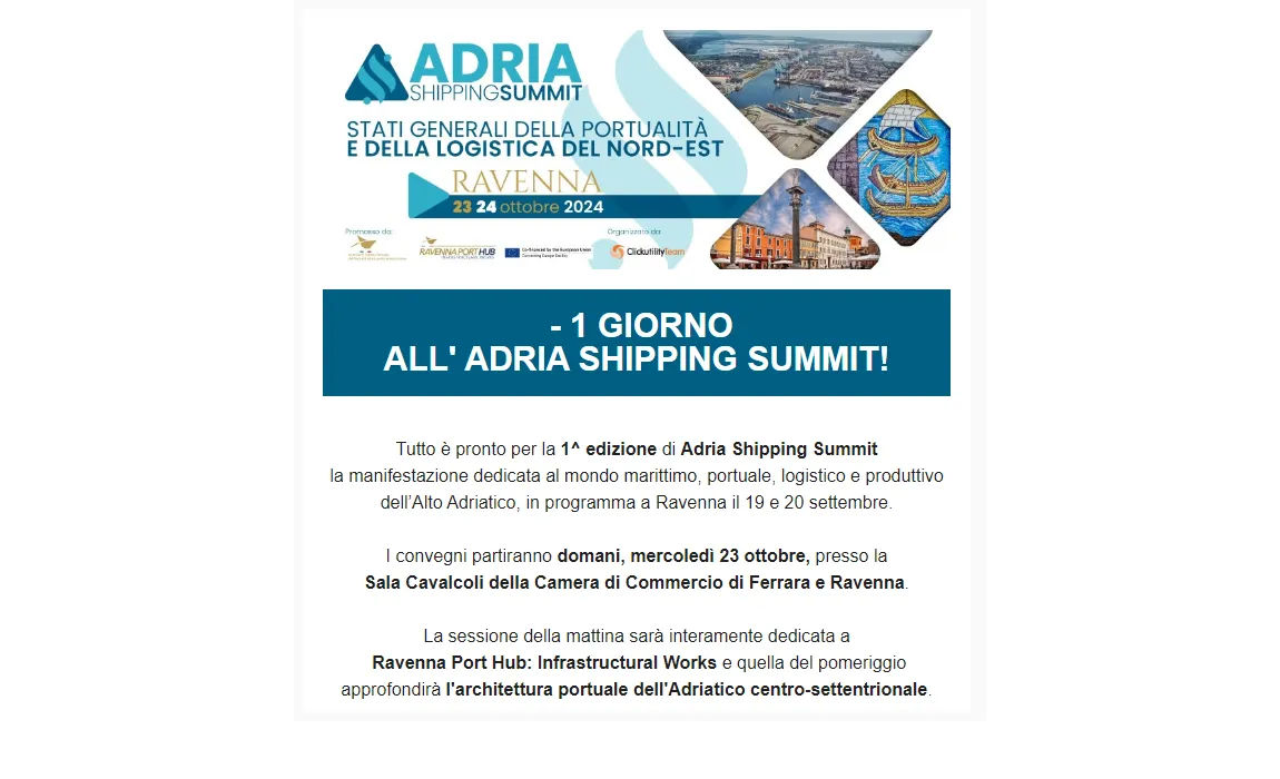- 1 giorno all'Adria Shipping Summit
Tutto è pronto per la prima edizione della manifestazione che si terrà a Ravenna il 23 e 24 ottobre 2024